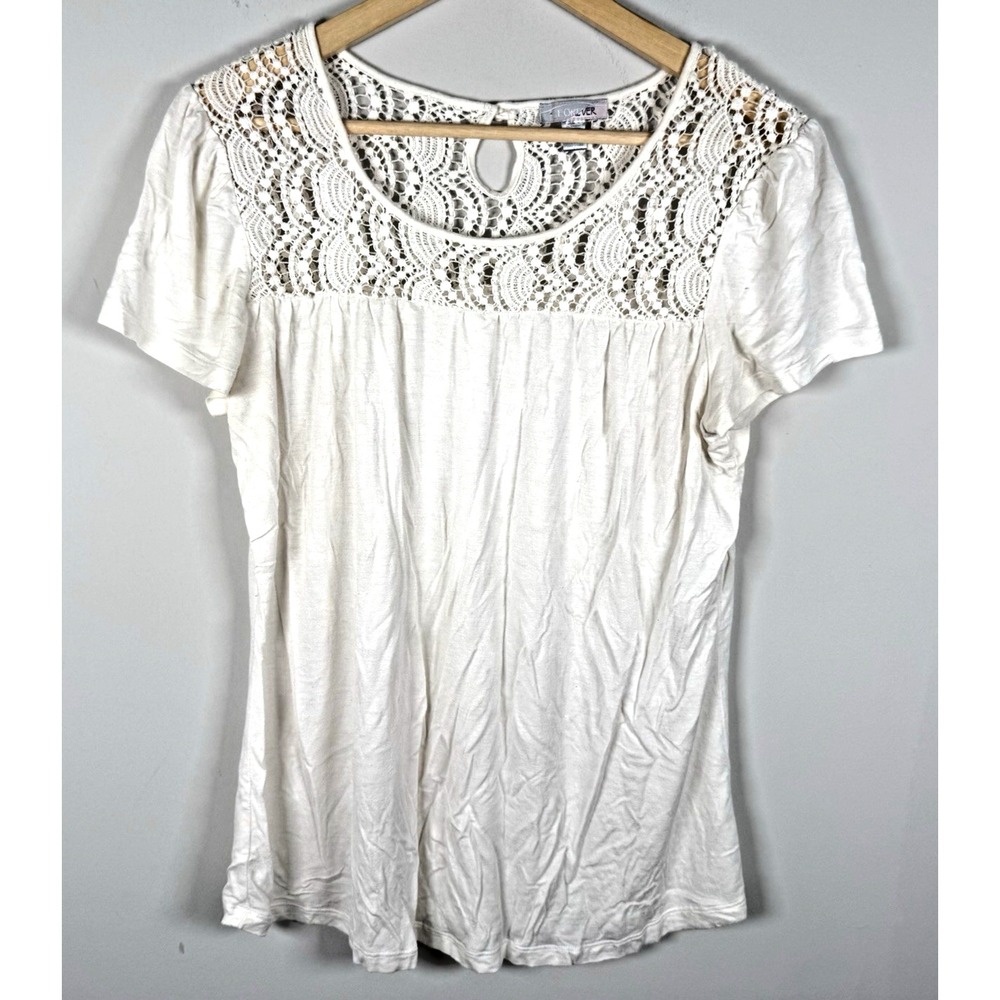 Y2K Vintage Forever Crocheted Short Sleeve‎ Top PXL White Cottagecore Boho